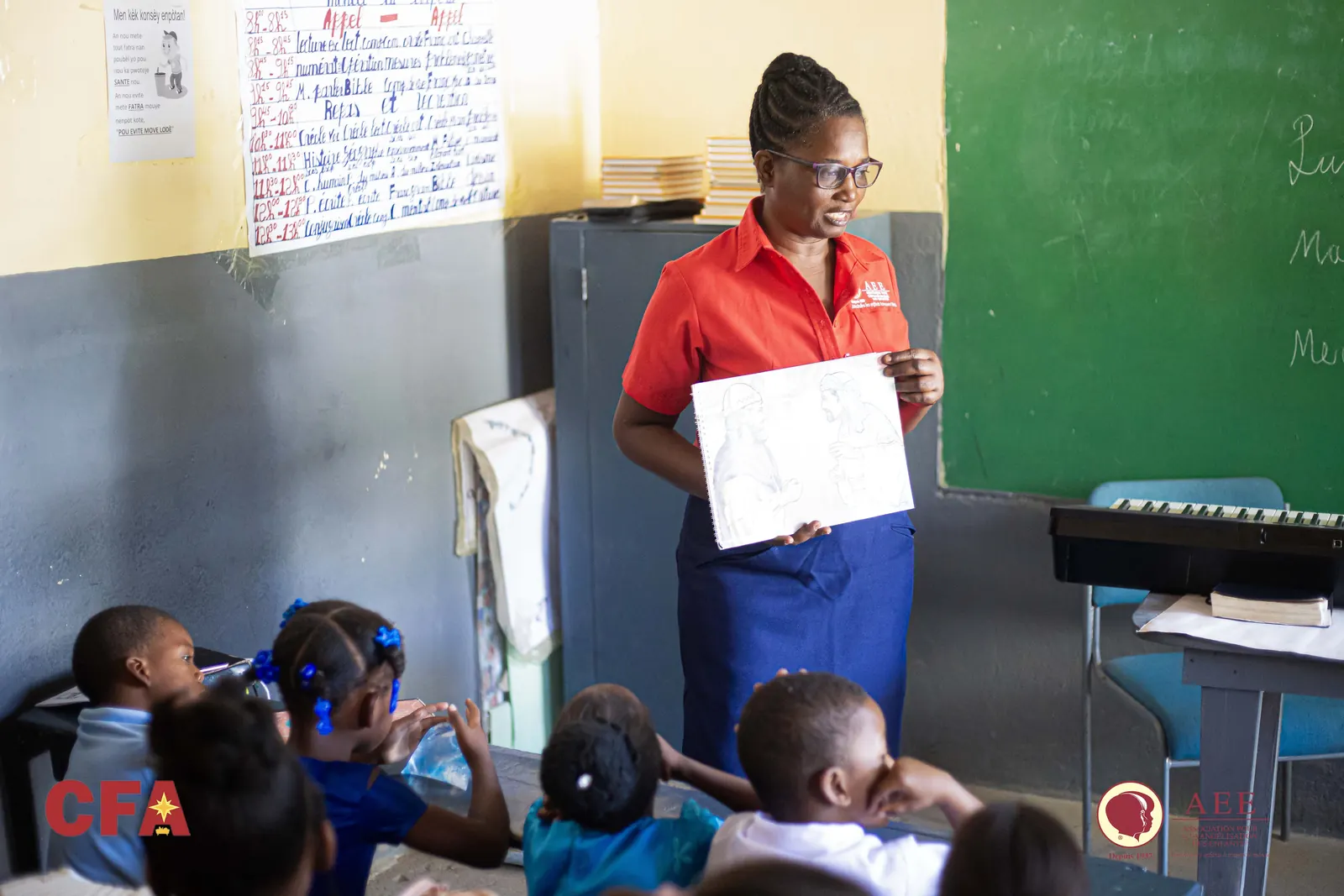 Teacher presenting an illustrated lesson to children in class